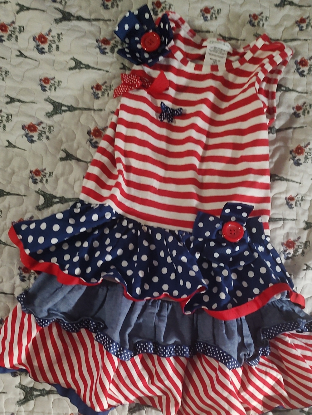 Bonnie Jean Red and White Stripe Navy Polka Dot Ruffle Dress